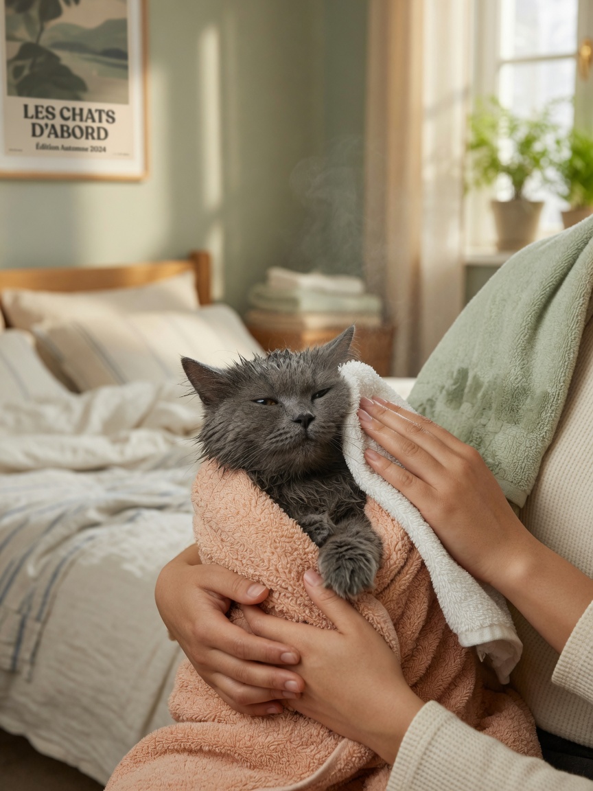 Wet grey cat being gently dried with a warm towel in a draft-free room, owner using gentle dabbing motions