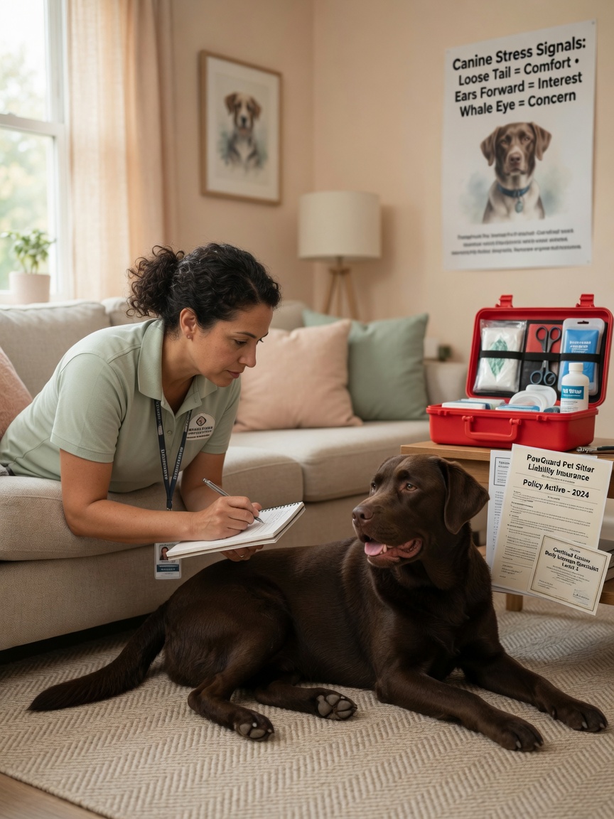 Pet sitter learning dog body language and stress signals with professional notes
