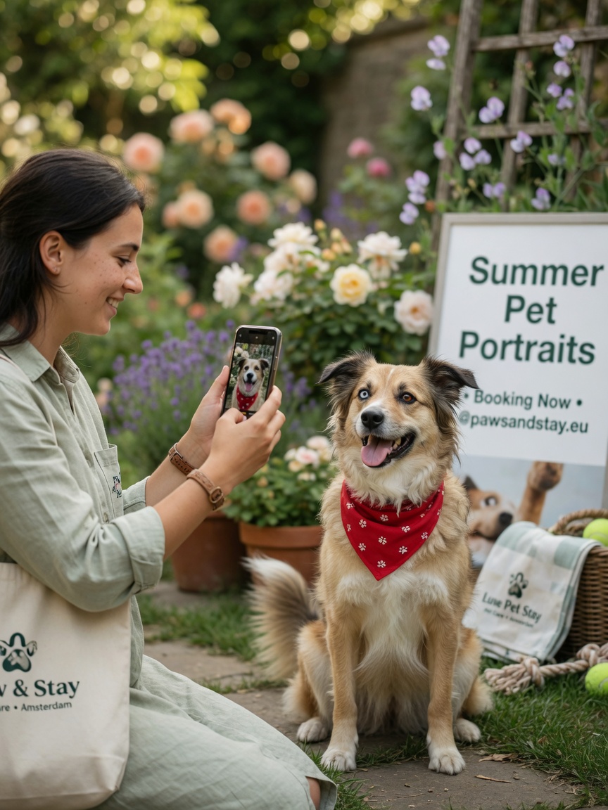 Pet sitter creating engaging social media content with a happy dog outdoors