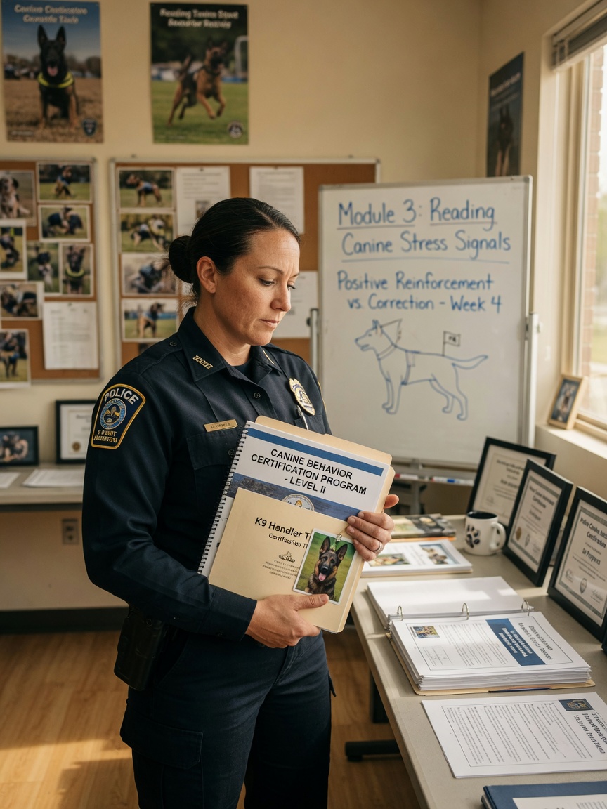 Police officer in training environment pursuing specialized dog trainer certification and education