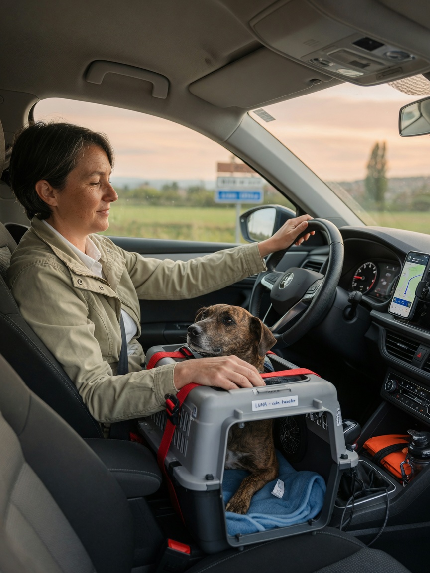 Rescue transporter monitoring a safely secured dog during transport in a well-prepared vehicle