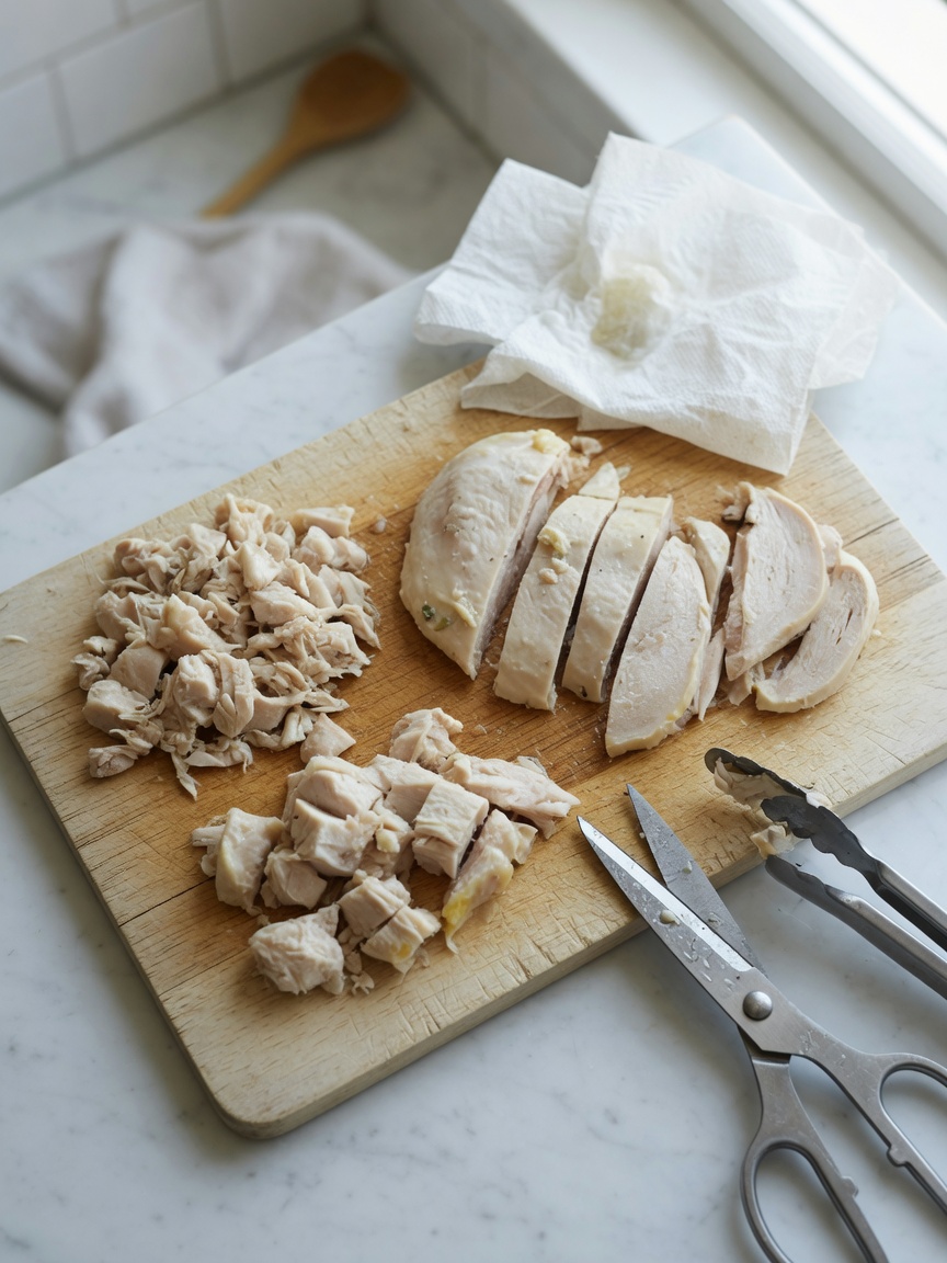 Cooled boiled chicken pieces cut into various sizes on a wooden cutting board with kitchen utensils