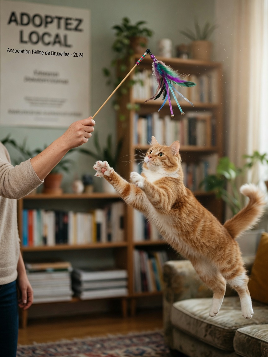 A ginger and white cat mid-pounce leaping at a feather wand toy held by their owner, showing interactive play bonding