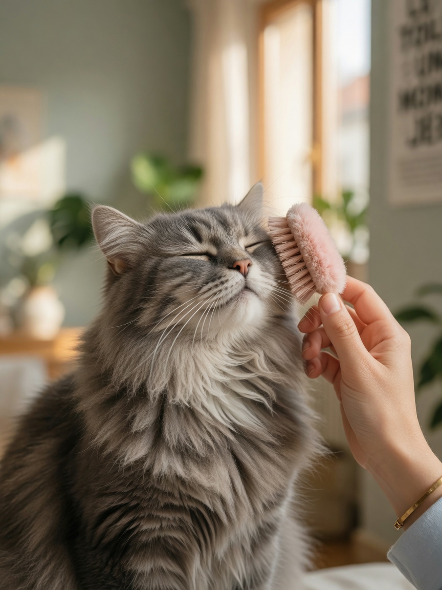 A grey and white cat enjoying gentle brushing of its head and cheeks from their owner, demonstrating grooming as bonding