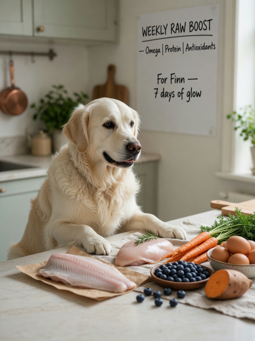 Golden retriever observing fresh, nutritious dog foods including fish, chicken, carrots, and blueberries on kitchen counter