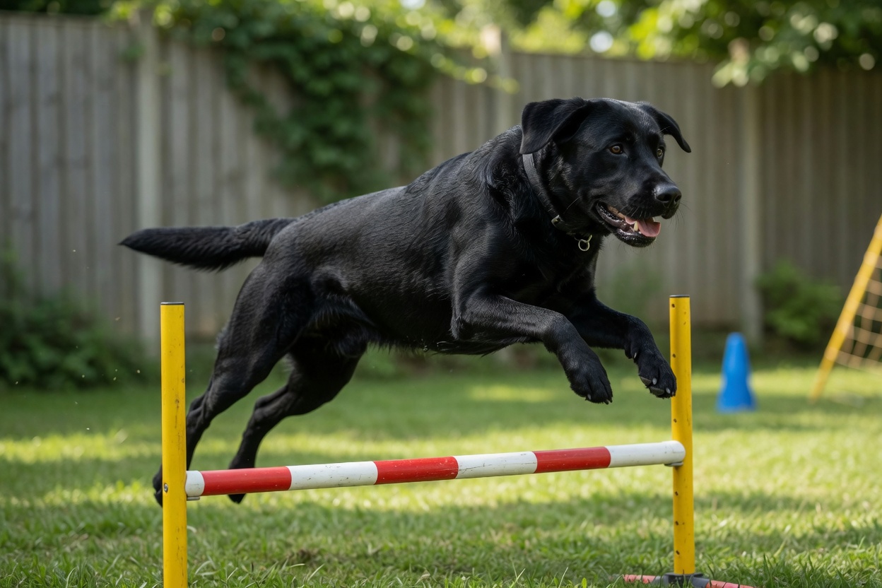 Black Labrador retriever jumping over agility hurdle in sunny backyard, demonstrating active exercise and mental stimulation