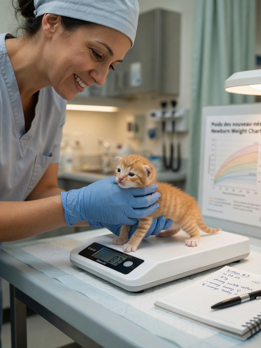 Organized bottle feeding supplies for kittens including small bottles, teats, formula, and sterilization equipment on white surface