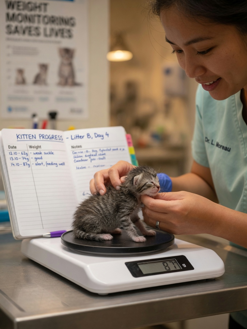 Veterinarian carefully weighing a newborn kitten on a digital scale during a health monitoring check-up