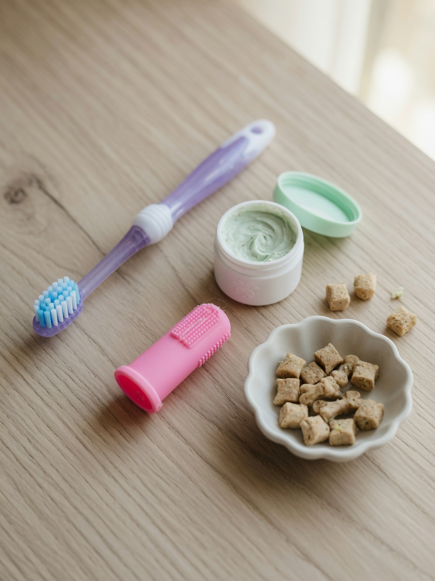 Flatlay of dog dental care supplies including toothbrush, enzymatic toothpaste, finger brush, and high-value treats arranged on a wooden surface