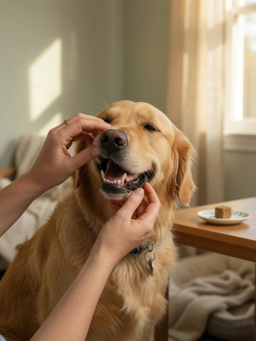 Owner gently lifting a golden retriever's lip to show teeth during mouth desensitization training with a small treat nearby