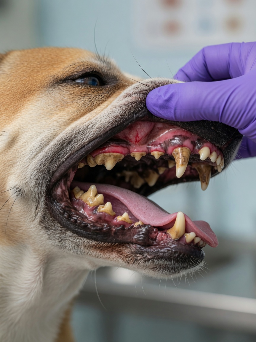 Close-up of a dog's mouth showing tartar buildup and reddened gums during veterinary dental examination
