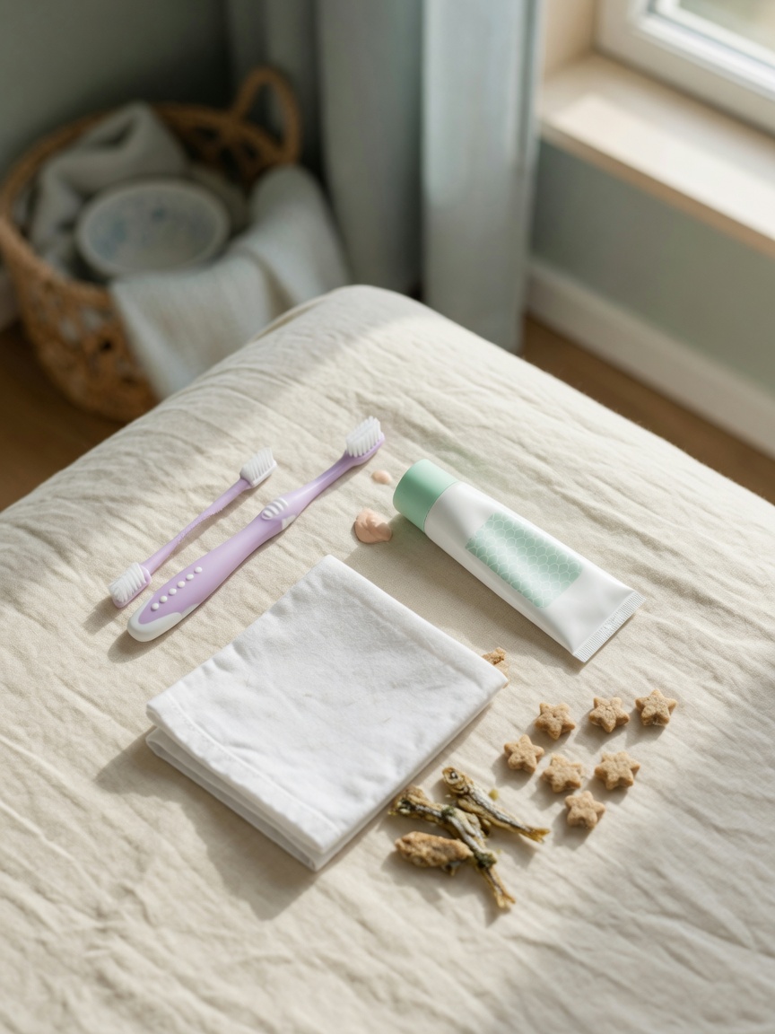 Neatly arranged cat dental care supplies including toothbrush, toothpaste, cloth, and treats on a cream fabric surface in natural light.
