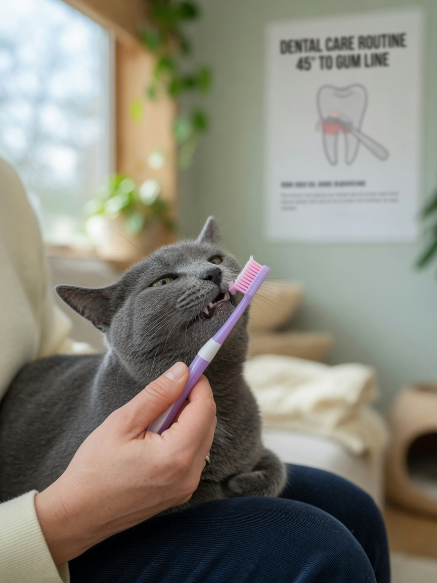 A close-up demonstrating proper cat tooth brushing technique with the brush held at 45 degrees to the gum line on a cooperative grey cat.
