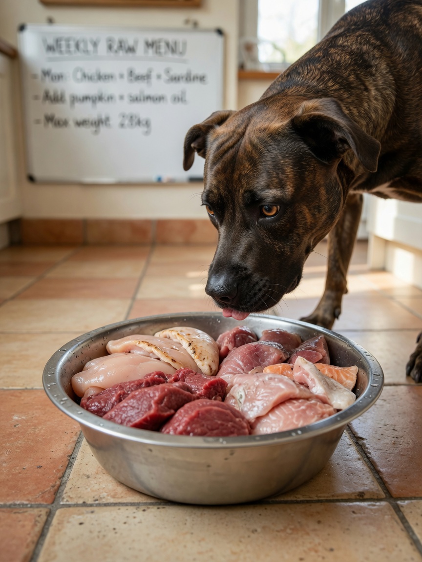 Dog eating fresh whole meat proteins from a bowl