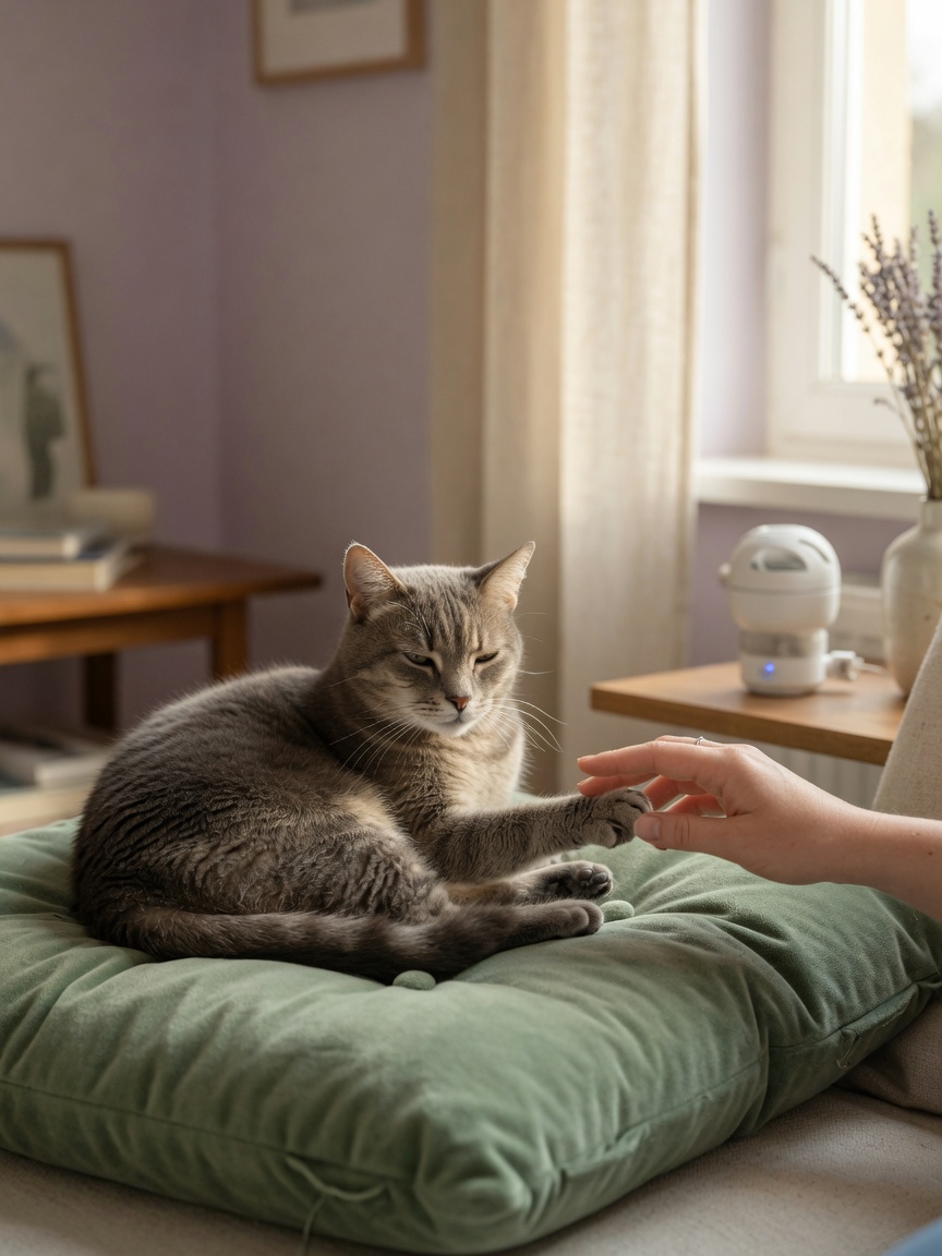 Owner gently stroking a relaxed cat's paw during a calm desensitization handling session in soft natural light