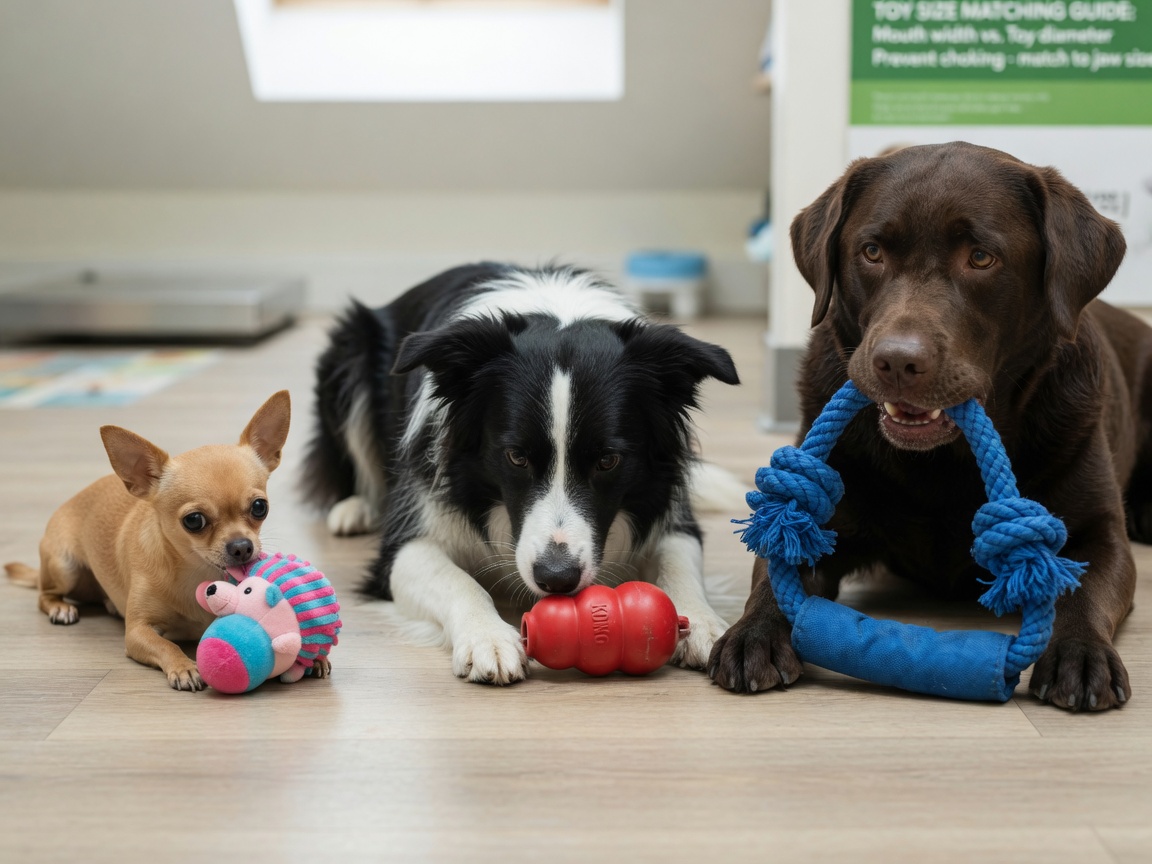 Three dogs of different sizes (Chihuahua, Border Collie, Labrador) with appropriately sized toys demonstrating proper toy selection for different breeds