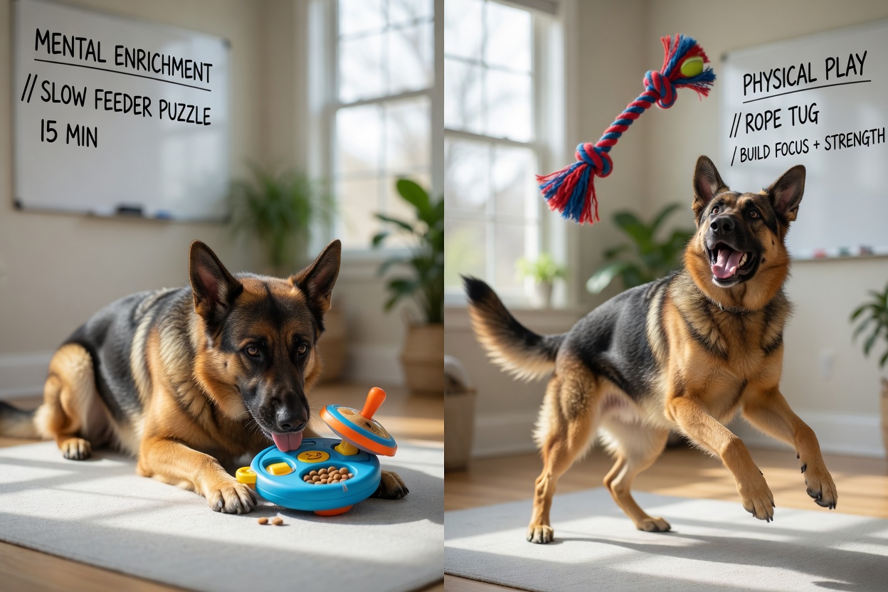 German Shepherd engaged with puzzle toy showing mental stimulation and rope toy showing physical activity to demonstrate different toy purposes