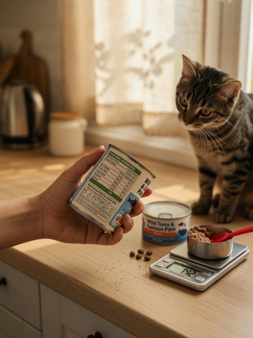 Pet owner examining cat food tin with measuring cup and scale on kitchen counter while cat watches