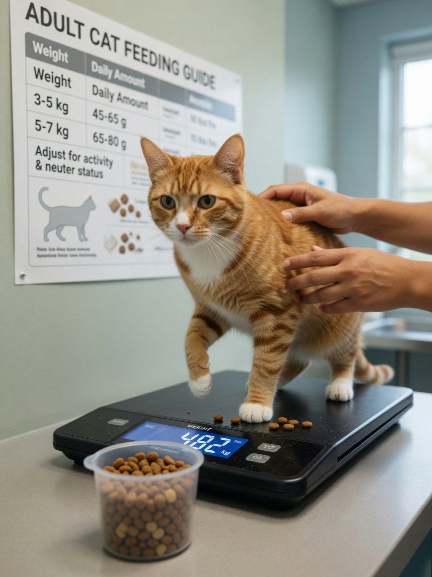 Tabby cat on digital kitchen scale at veterinary clinic during weight and portion monitoring session