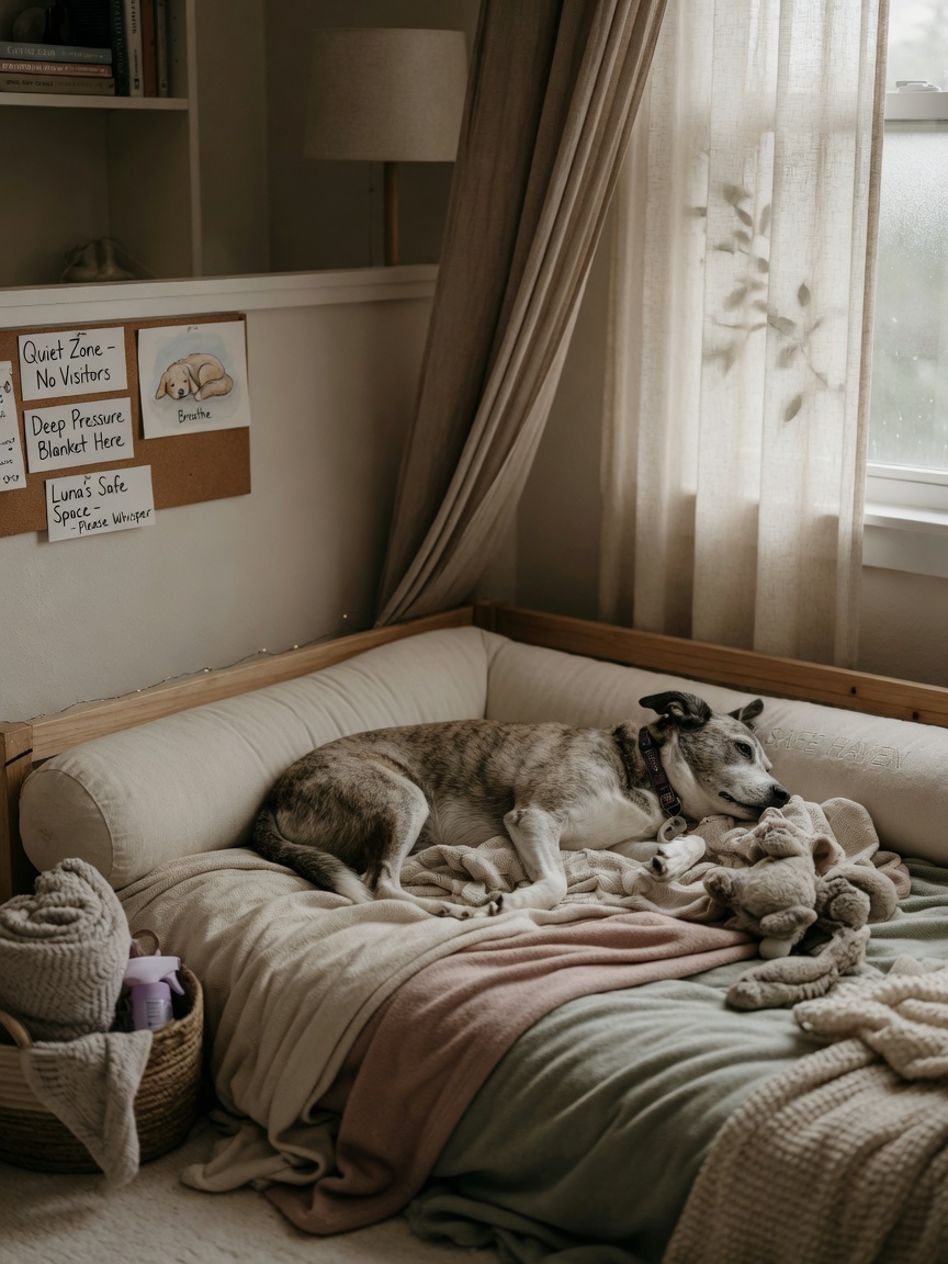 Dog resting peacefully in a dedicated safe haven room with soft bedding and minimal stimuli