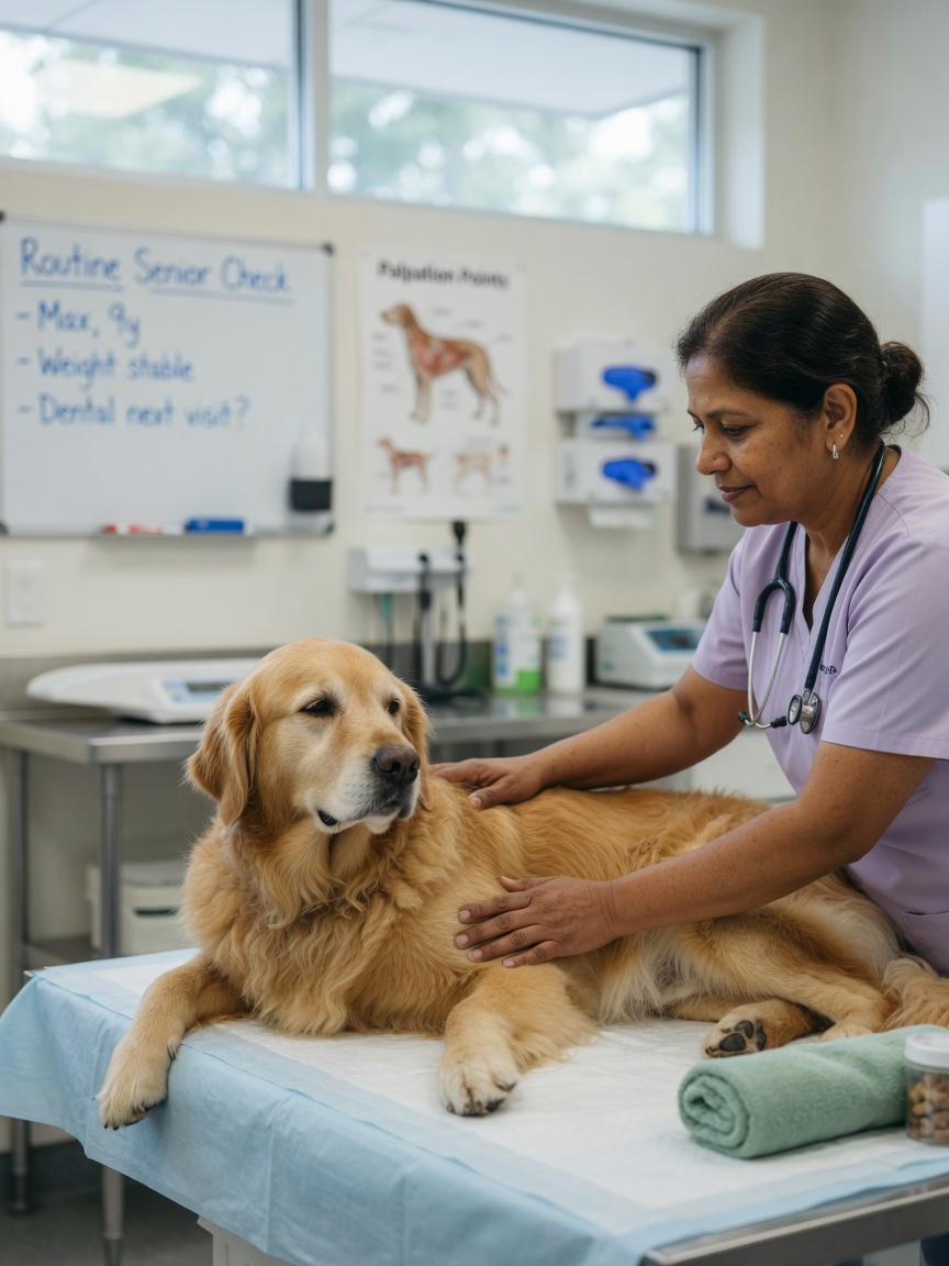 Veterinarian gently examining an anxious dog during a consultation