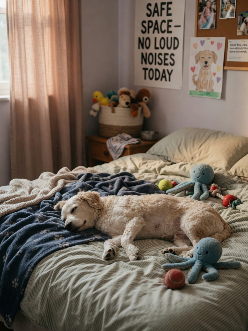Calm dog resting on soft bedding in a darkened safe space bedroom sanctuary