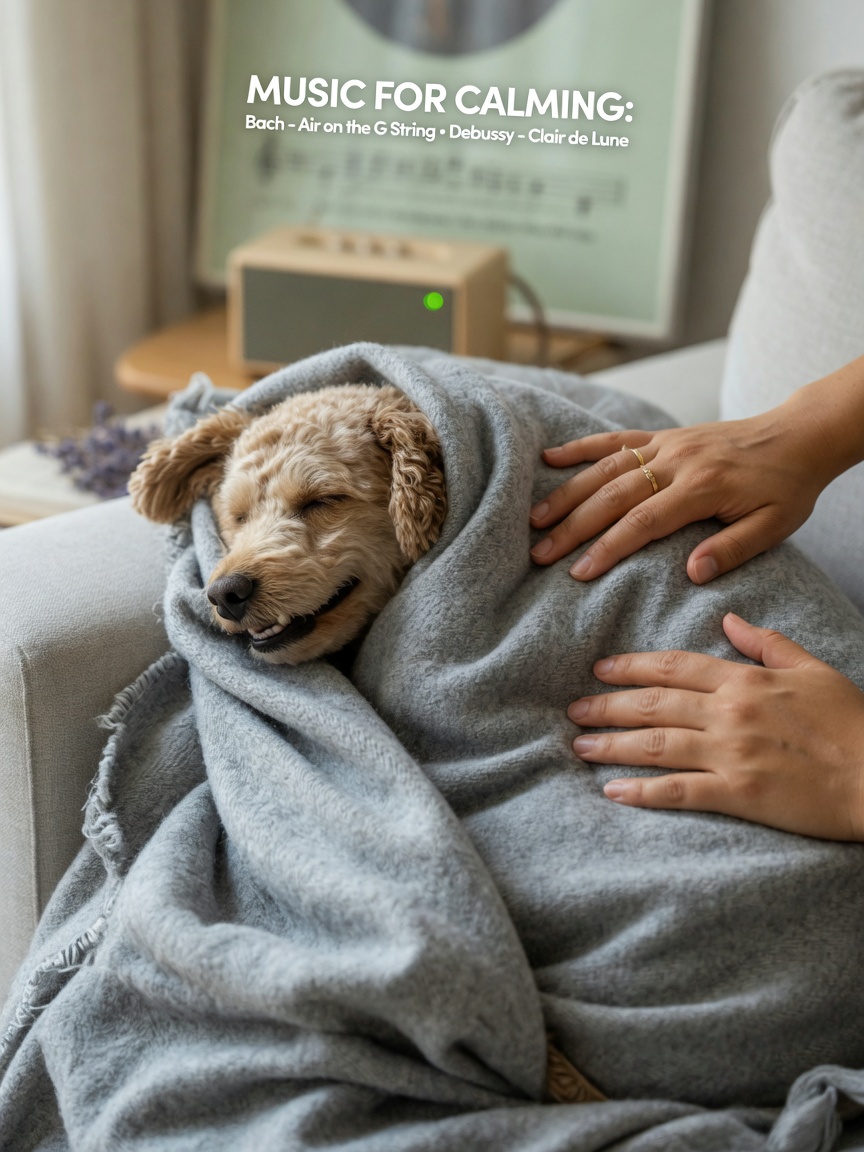 Dog wrapped in soft blanket receiving gentle deep pressure therapy from owner's hands