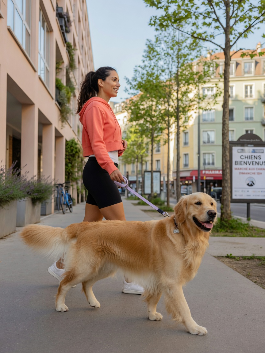 A woman and her golden retriever on a daily walk along an urban apartment street