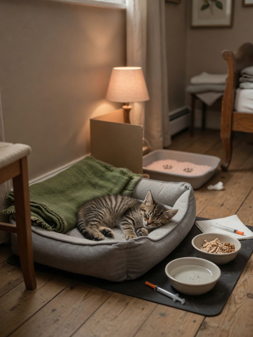 A peaceful kitten recovery space with soft bedding, water bowl, food bowl, and litter tray in a quiet room with dim lighting