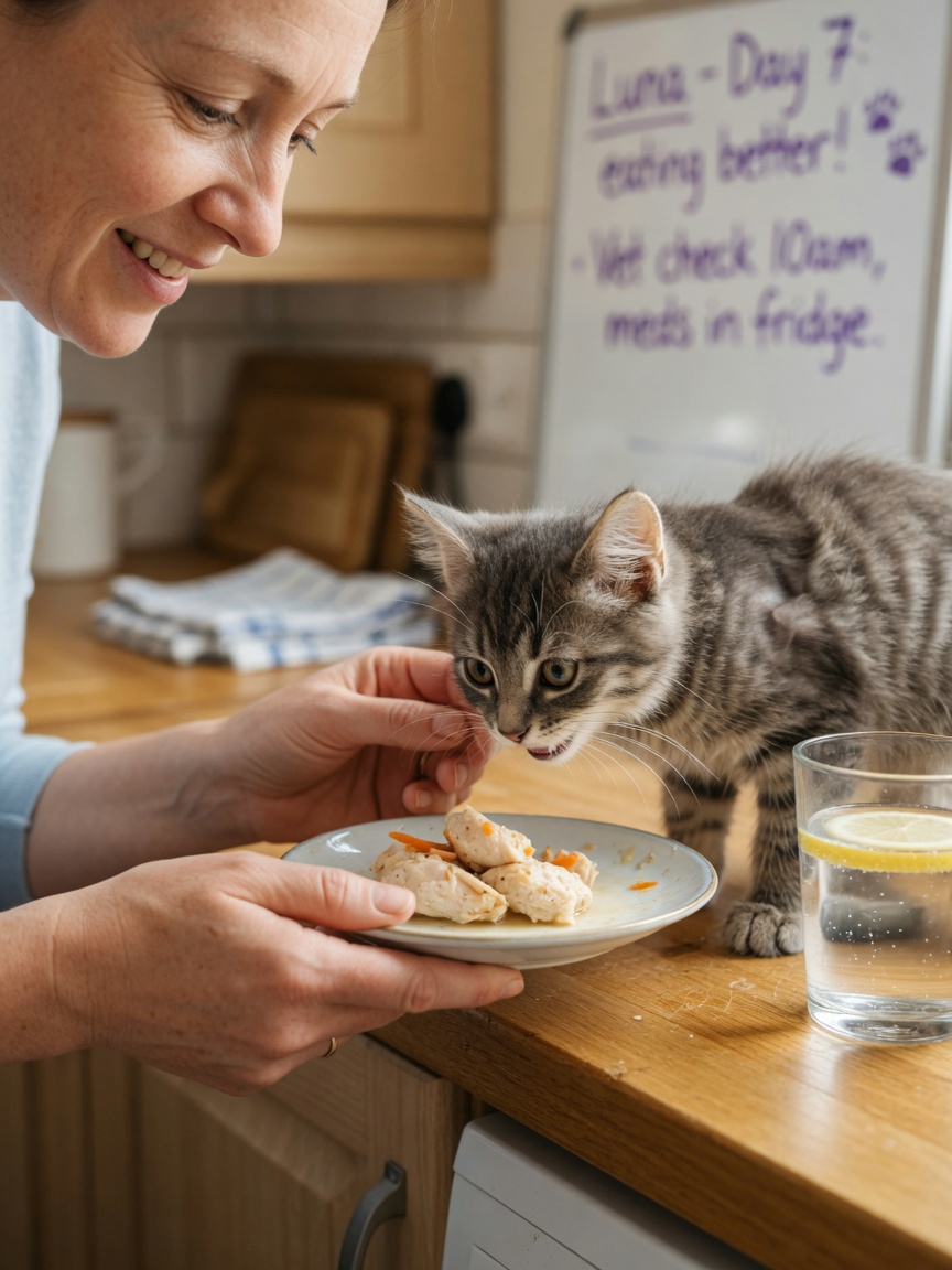 Owner gently offering a small portion of bland food to a recovering kitten, with fresh water nearby in warm kitchen lighting