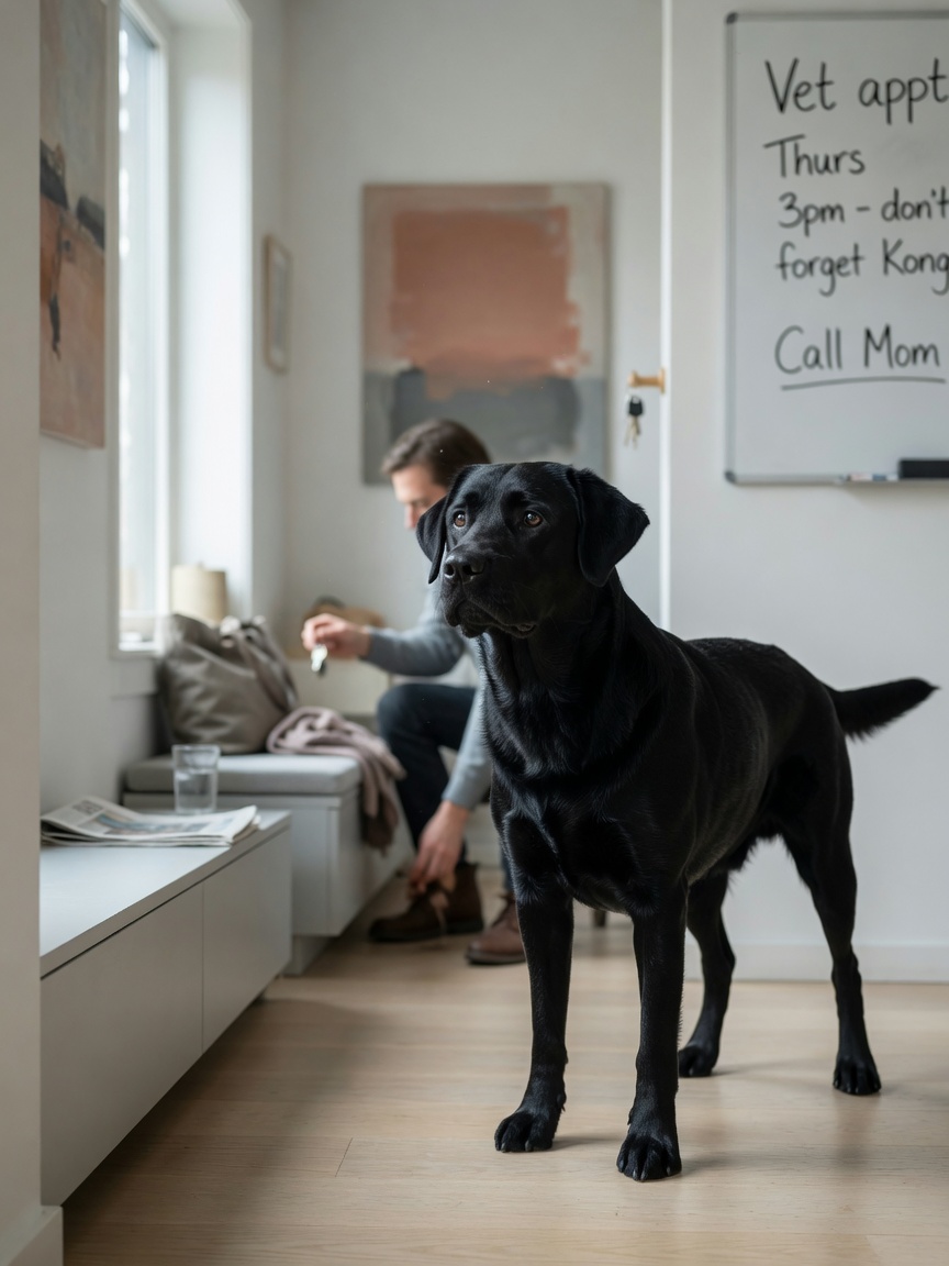 Black Labrador Retriever watching owner put on shoes, demonstrating separation anxiety at home