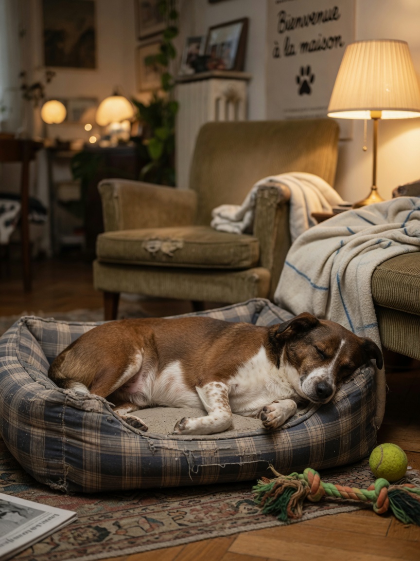 Mixed-breed dog resting contentedly on familiar bed surrounded by favorite toys in a cosy home environment