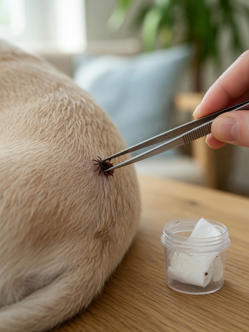 Técnica adecuada de extracción de garrapatas utilizando pinzas de punta fina para extraer de forma segura una garrapata de la piel del perro