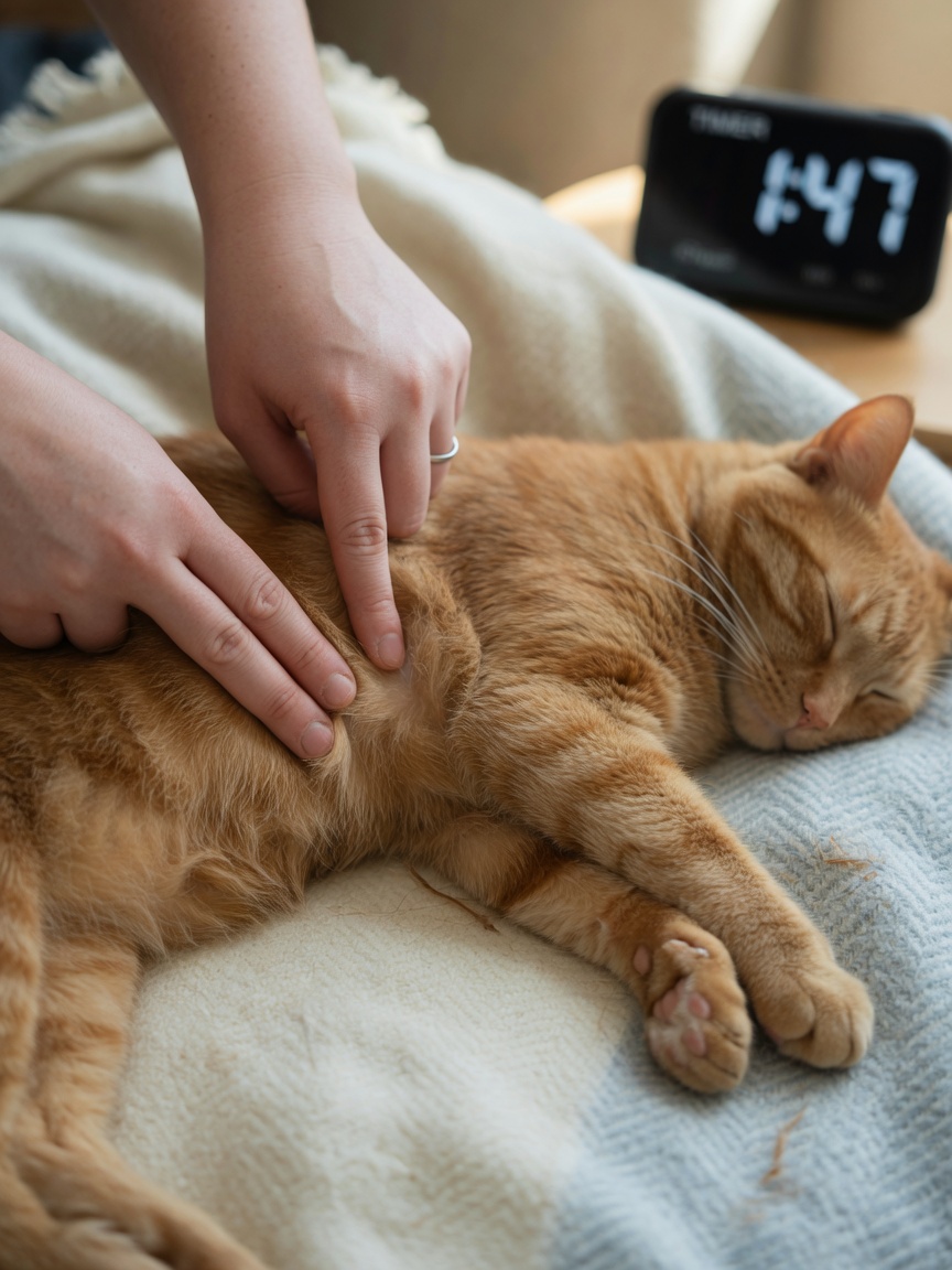 Close-up of owner's fingers positioned on sleeping cat's inner thigh to check femoral artery pulse