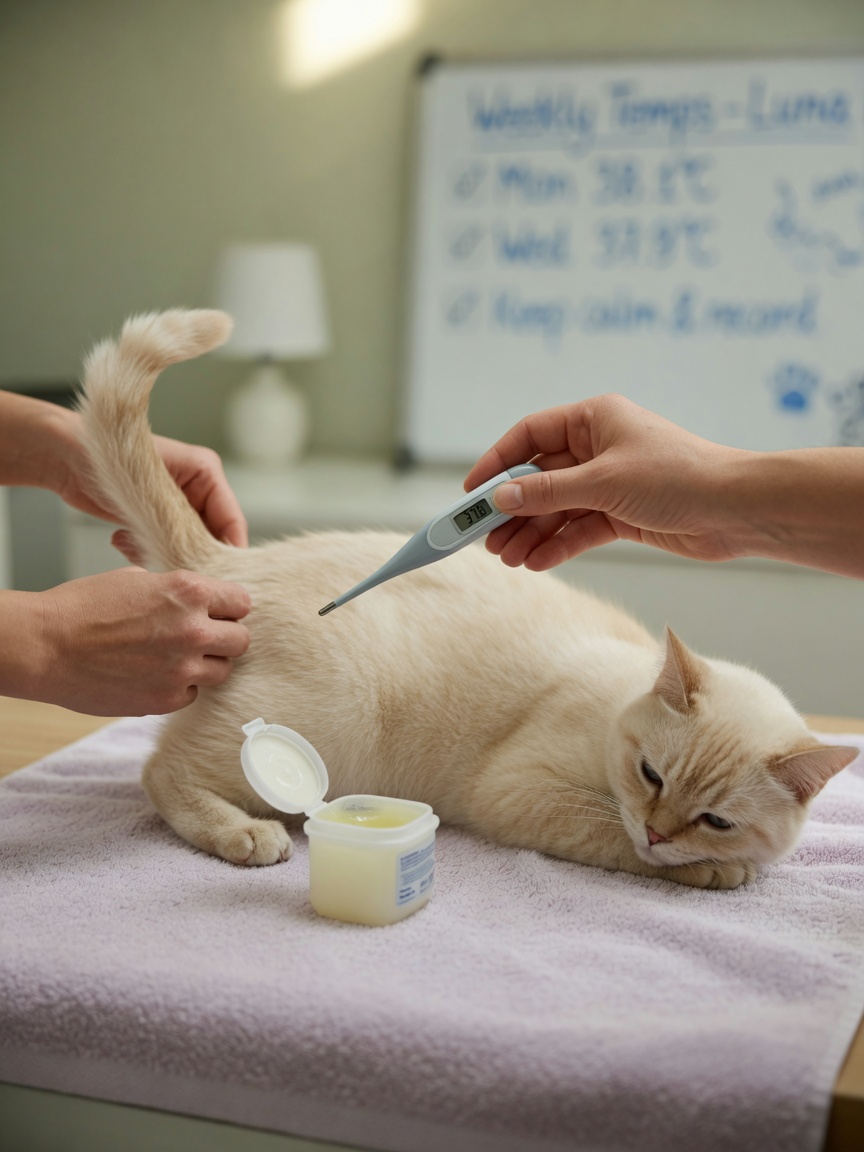 Owner demonstrating rectal temperature measurement technique on a cream-colored cat with digital thermometer and petroleum jelly