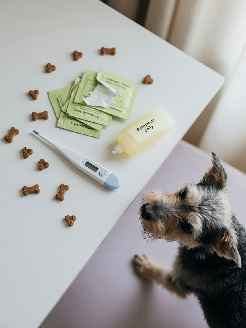 Temperature-checking supplies laid out including digital thermometer, lubricant, and dog treats