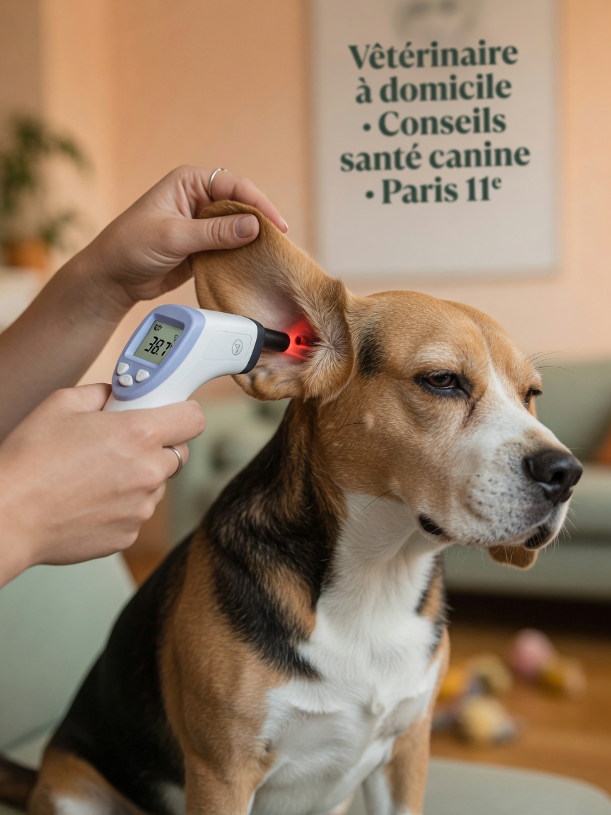 Owner using an infrared ear thermometer to check a dog's temperature