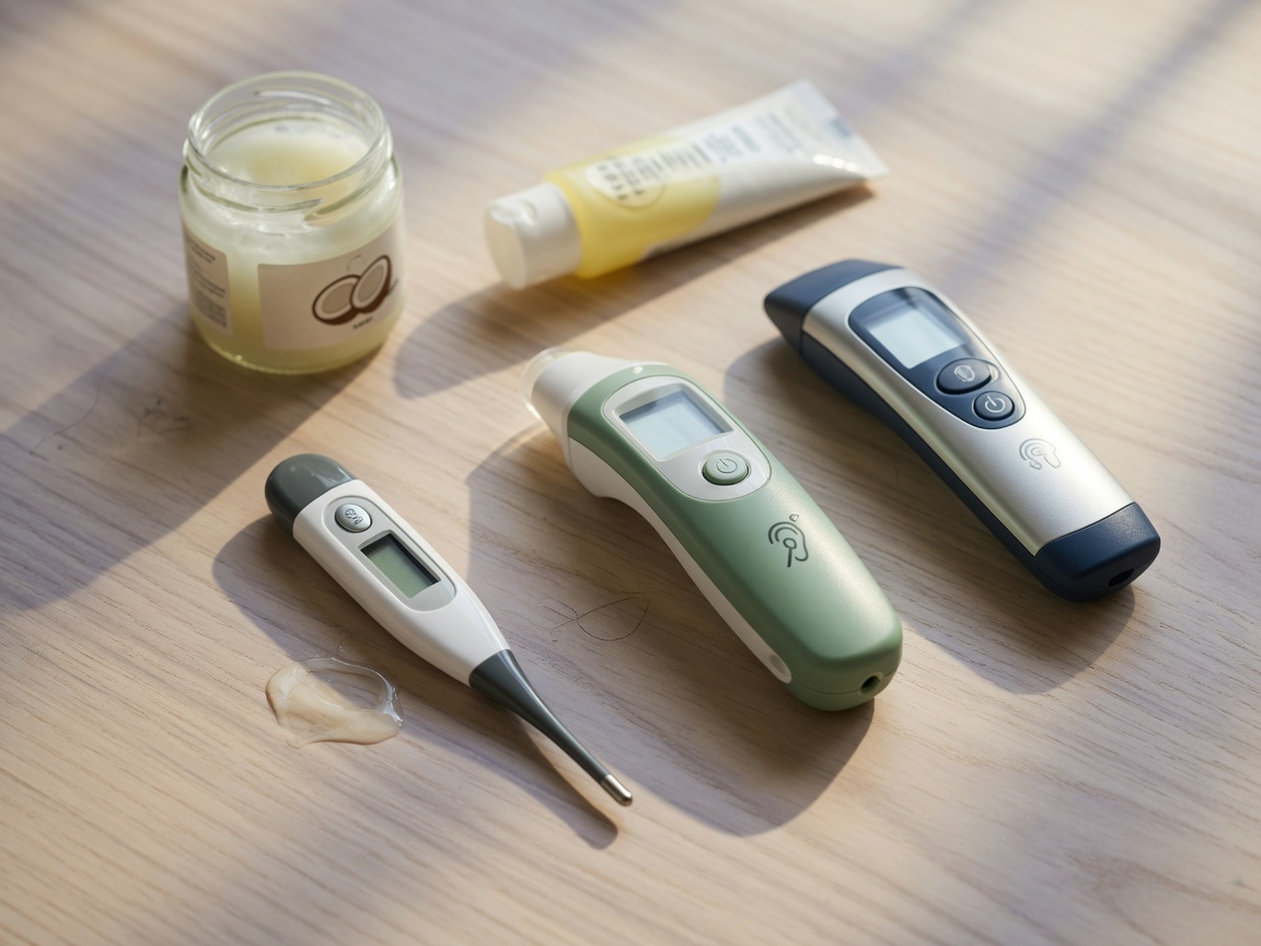 Vergleich verschiedener Tiertemperaturmesser-Typen einschließlich digitaler, Ohr- und Temporalarterie-Thermometer mit Schmiermittelzubehör