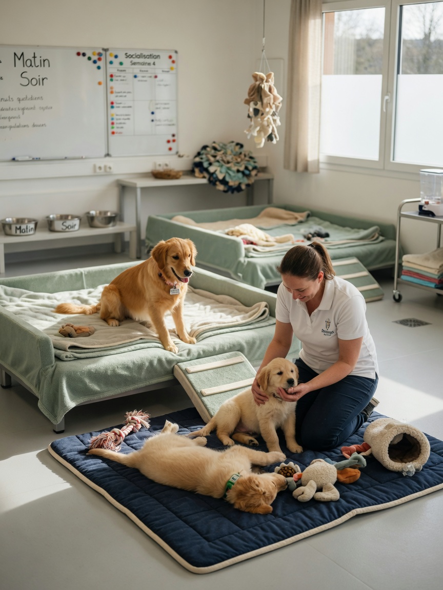 Clean breeding facility with mother dog and puppies playing on blankets, person gently socializing the young dogs