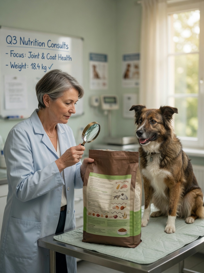 Veterinarian examining a dog food bag's ingredient list with a magnifying glass while a healthy dog sits attentively on an examination table.