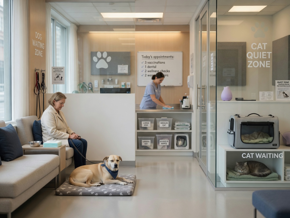 A spotlessly clean veterinary clinic waiting room with separate areas for cats and dogs, showing professional organization and meticulous hygiene standards.