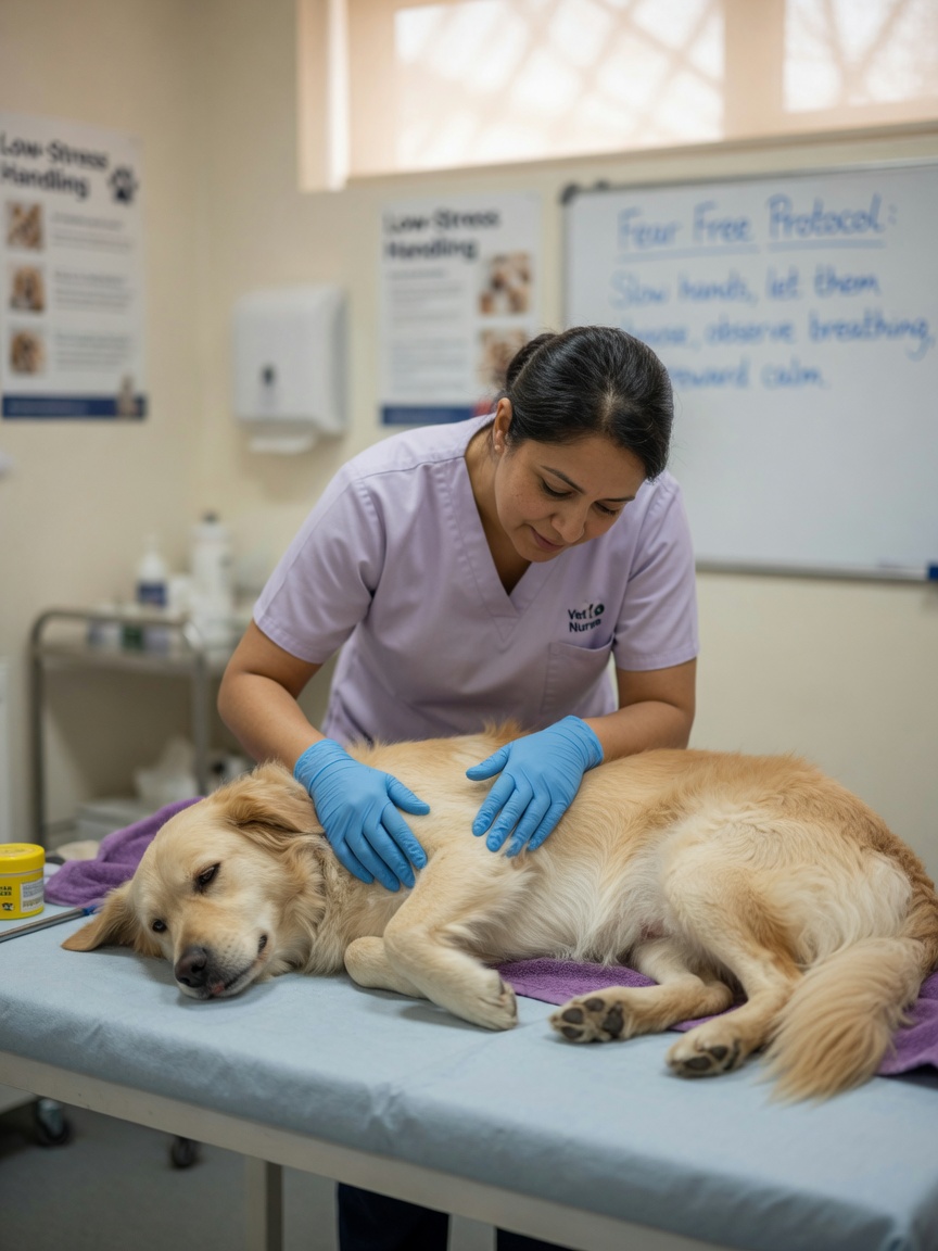 A veterinary professional uses calm, deliberate handling techniques to examine a relaxed, unstressed pet during a consultation.