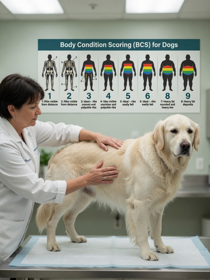 Veterinarian demonstrating body condition scoring by palpating a Golden Retriever's ribs during examination