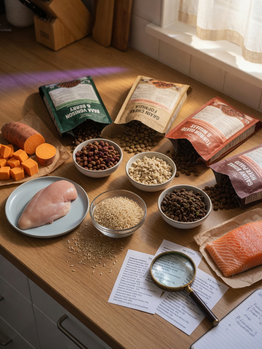 Overhead view of dog food bags and their key ingredients laid out for comparison, showing fresh protein, carbohydrates and other components