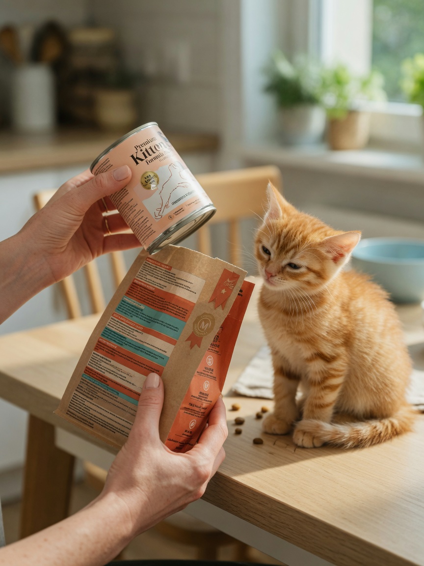 Pet parent examining kitten food packaging labels while a tabby kitten sits nearby on a wooden table