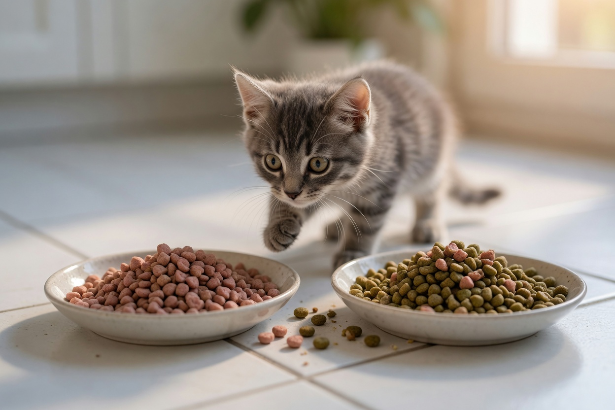 A young gray tabby kitten with two food bowls showing gradual food transition on a tile floor