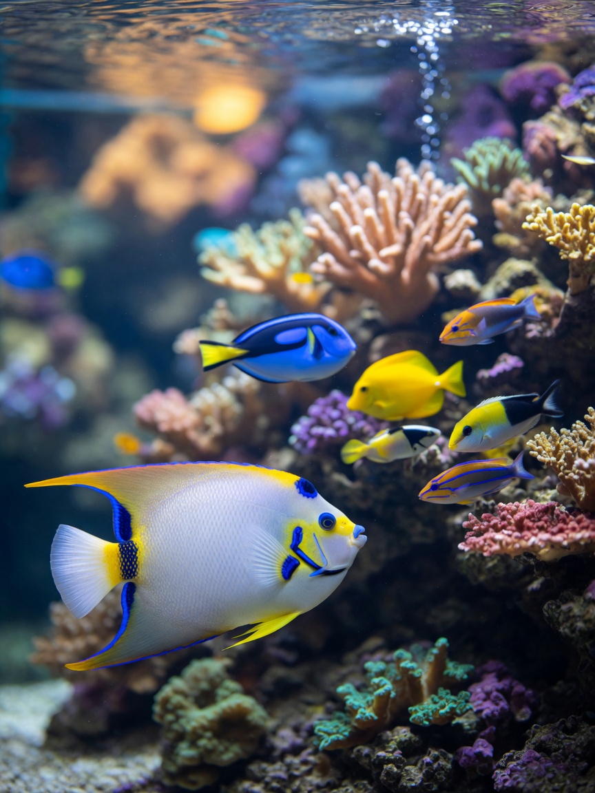 Multiple compatible saltwater fish species including a Queen Angelfish coexisting peacefully in a well-decorated aquarium