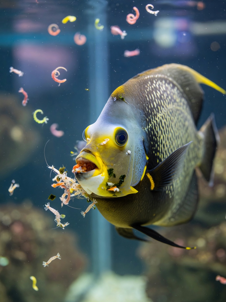 A striped French Angelfish actively feeding on frozen mysis shrimp and vegetable matter in clear saltwater