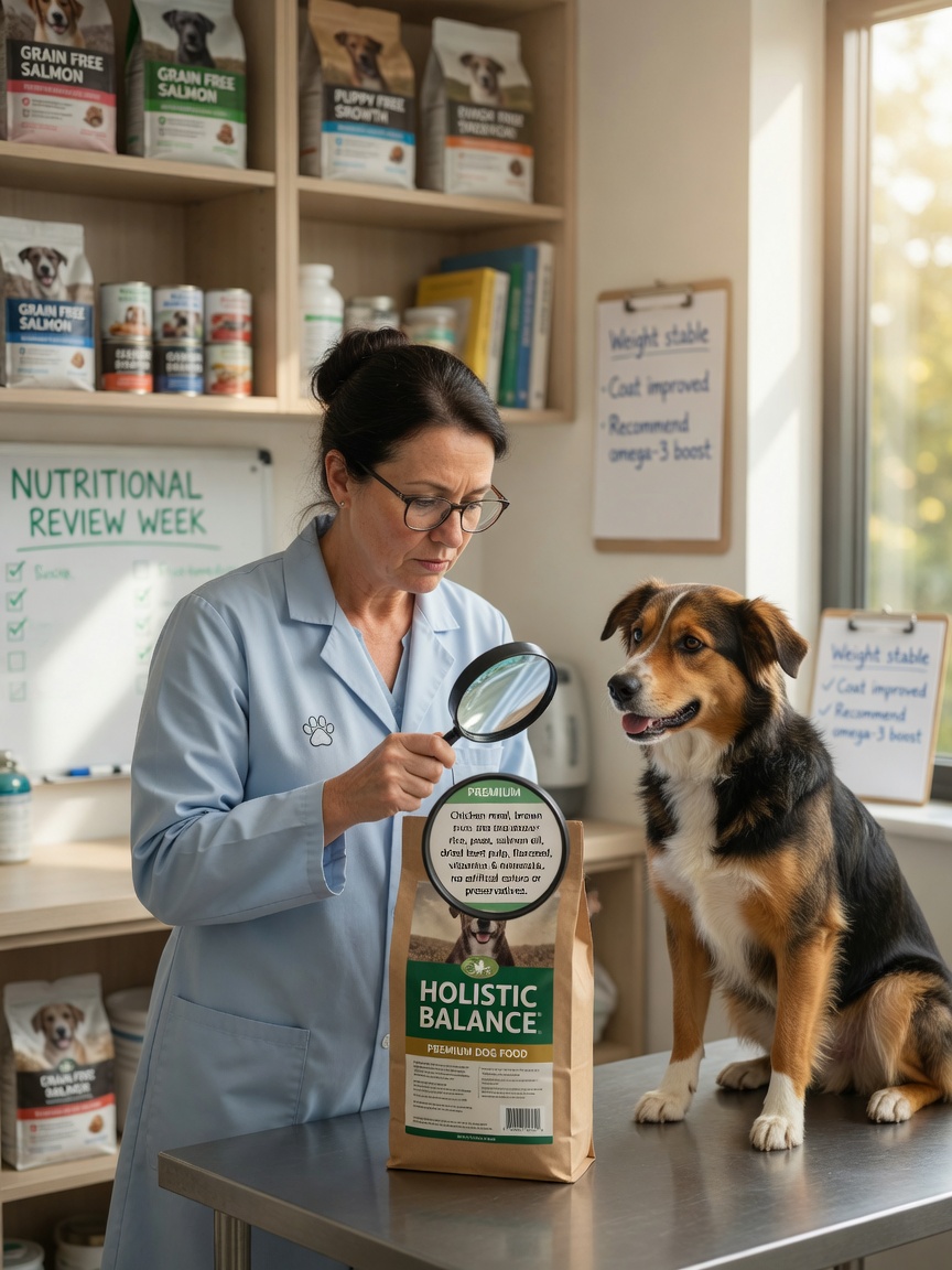 Veterinarian examining dog food ingredient list with magnifying glass while healthy dog sits on examination table nearby
