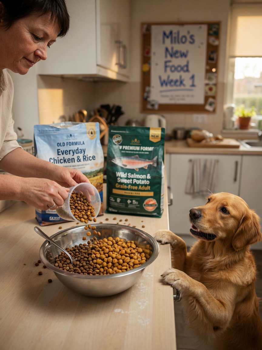 Dog owner carefully transitioning between old and new dog food formulas in a home kitchen with eager dog watching
